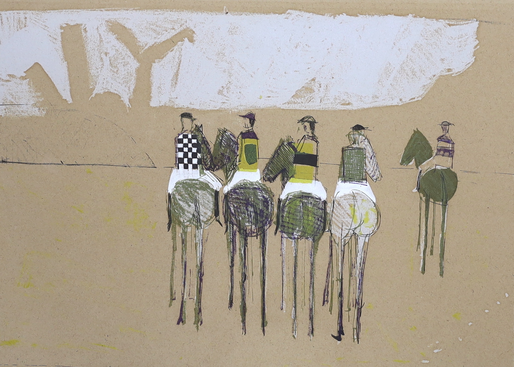 John Watson (20th. C), horseracing interest, ink and pastel, 'The Races', The Redfern Gallery Ltd., label verso, purchased by J B Priestley, 31st December 1952, 34 x 48cm